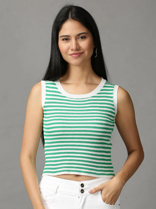 Women's Green Solid Fitted Top-RY-88609-Green