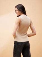 Women Beige Rib Side Slit Top