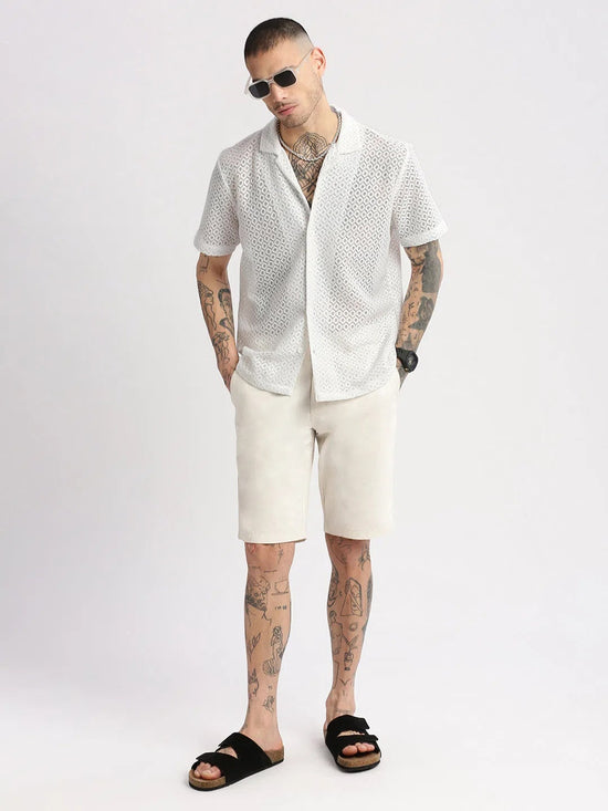 Men Cuban Collar Solid White Crochet Shirt-SAVRE-2284-White