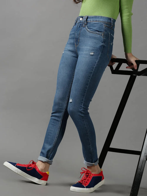 Women's Blue Solid Slim Fit Denim Jeans-GZ-5214-4-Blue