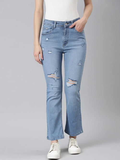 Women Blue Solid Flared Denim Jeans-GZ-5512-1-Blue