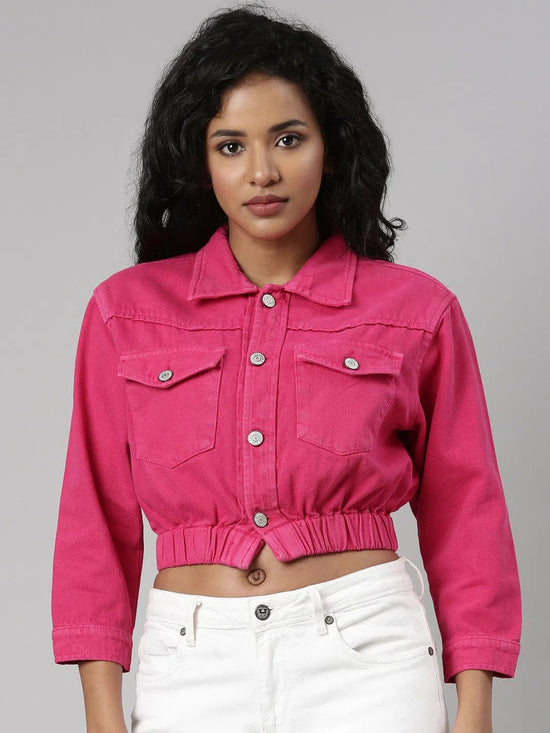 Women Fuchsia Solid Denim Jacket-GZ-5580-Fuchsia