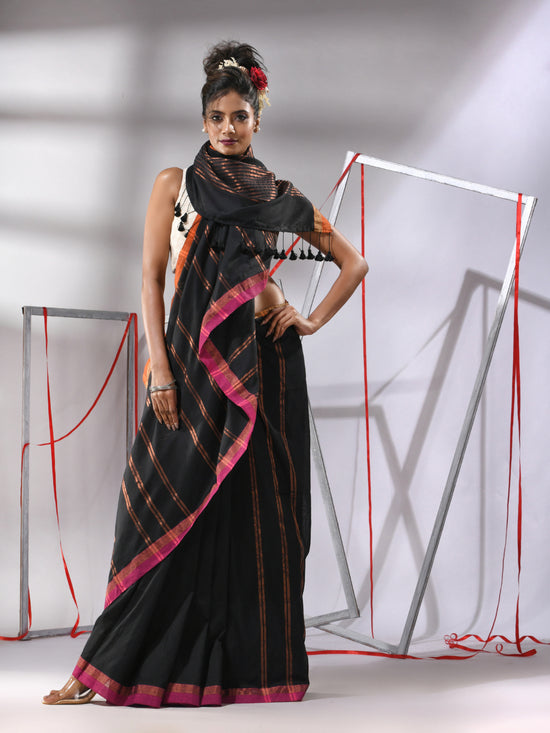 Black Soft Cotton Saree With  Zari Stripe Designs-MA55CT06530050