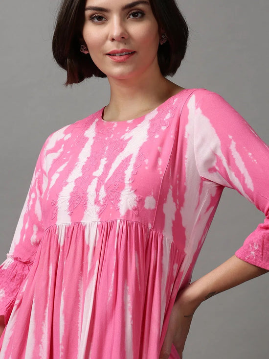 Women's Pink Tie Dye Empire Dress-ON-584-Pink