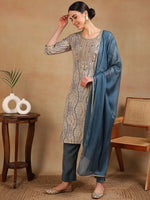 Ahika Women Grey Cotton Blend Embroidered Straight Kurta Pant Set