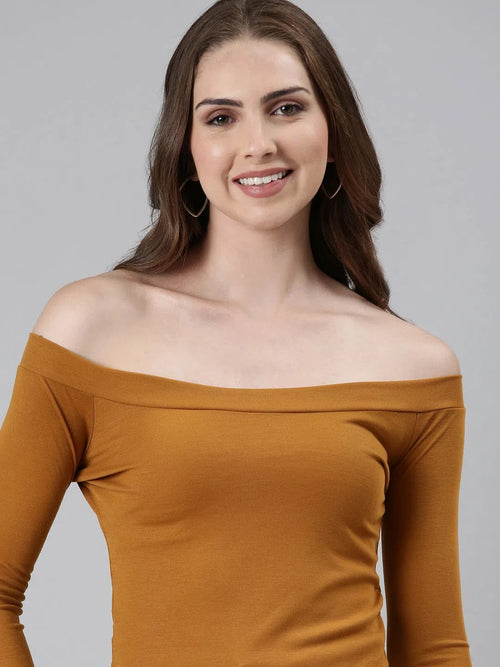 Off-Shoulder Regular Sleeves Solid Mustard Crop Top-AE-10637-Mustard