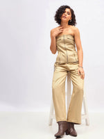 Women Beige Twill Waist Drawstring Cargo Pants