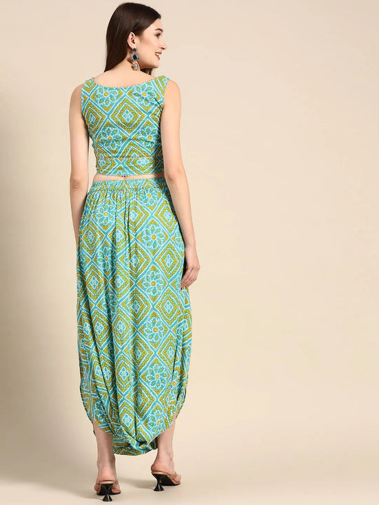 Crop top with cowl dhoti skirt in Aqua Blue