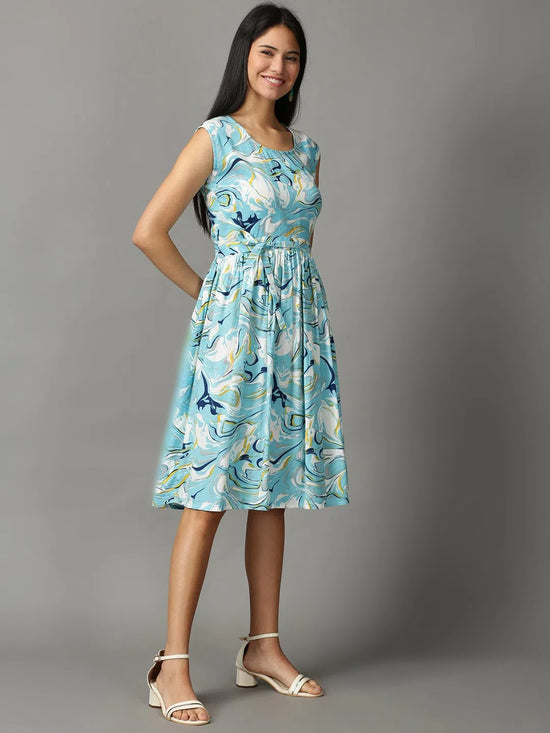 Women's Blue Printed Fit and Flare Dress-NJ-3005268A-Blue