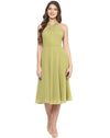 Green Coloured Solid Skater Dress in Olive Green