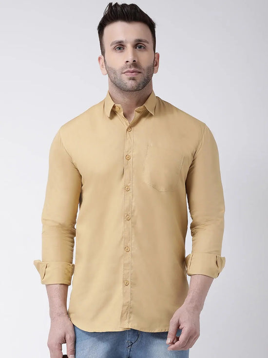 Hangup Men Slim Solid Shirts-CollarKhakiShirt