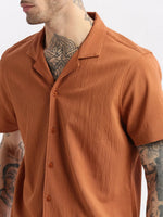 Men Cuban Collar Solid Rust Casual Shirt-FELCO-2206-Rust