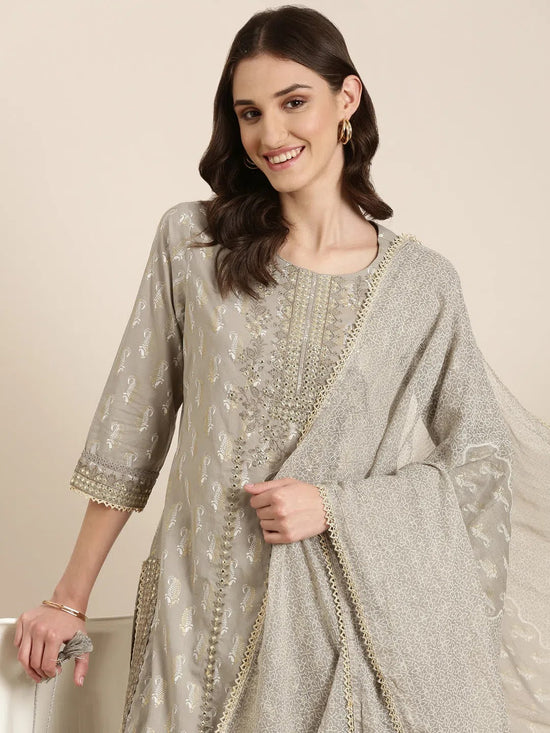 Women Taupe Paisley Kurta Set-GW-3284-Taupe