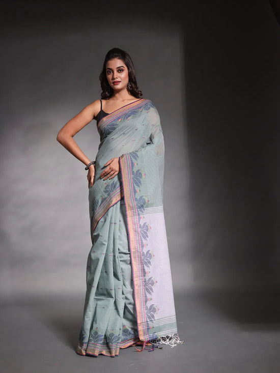 Sage Green  Cotton Soft Saree With Temple Border And Woven Designs-MA54BCT04660059