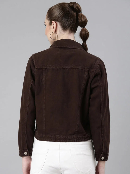 Women Coffee Brown Solid Denim Jacket-GZ-5598-Coffeebrown