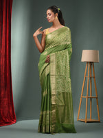 Green Blended Silk Handwoven Saree With Woven Zari Border-MA50BSL34830115