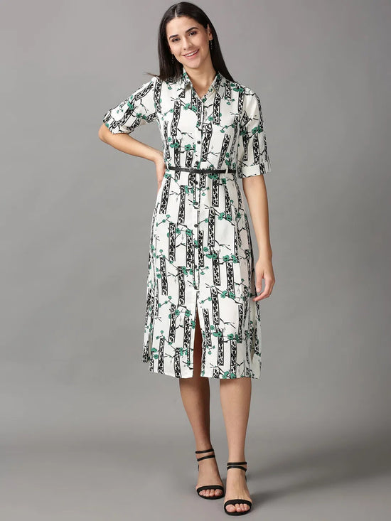 Women's White Printed Fit and Flare Dress-AE-444132-Offwhitegreen