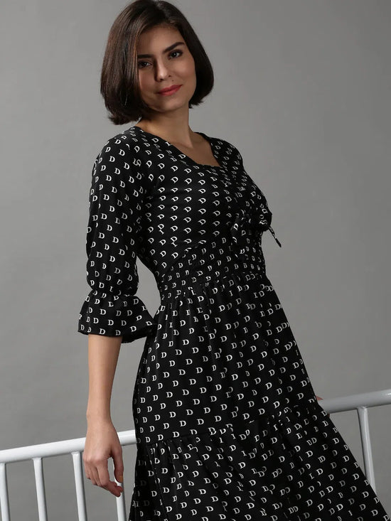 Women's Black Printed Fit and Flare Dress-AE-15617-Black