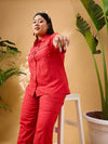 Women Red Schiffli Front Button Shirt With Pants