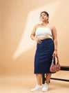 Women Navy Denim Acid Wash A-Line Skirt