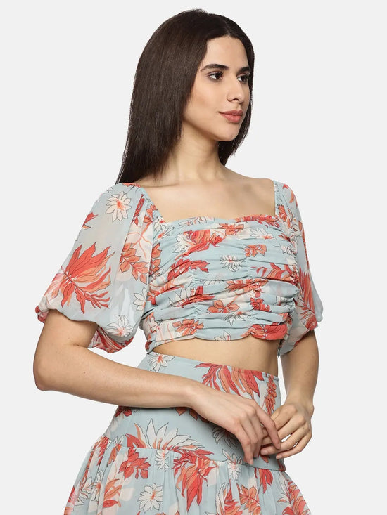 Floral light Blue Rushing Detail Crop Top-17375