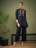 Women Black Front Yoke Embroidered Shirt With Palazzos