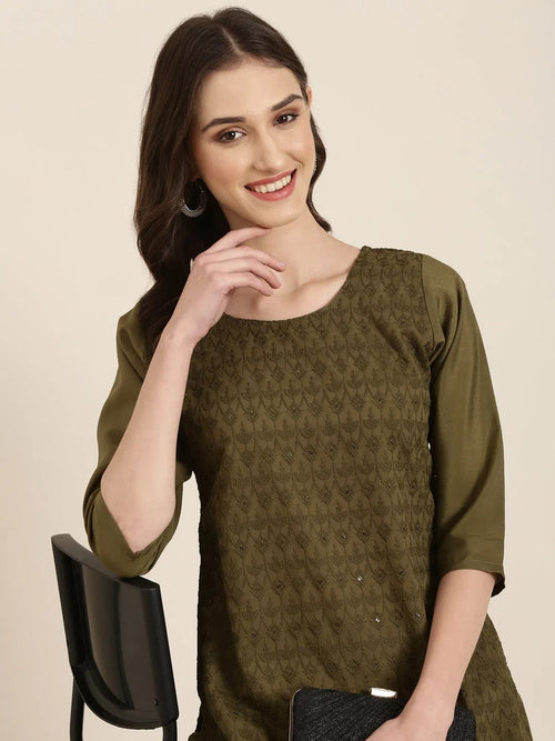 Women Olive Textured Kurta Set-SKC-1215-Olive