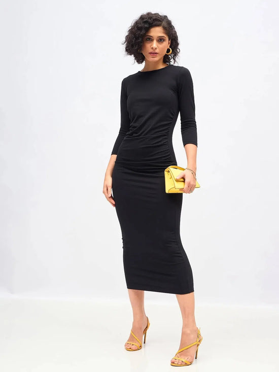 Women Black Waist Ruched Bodycon Maxi Dress