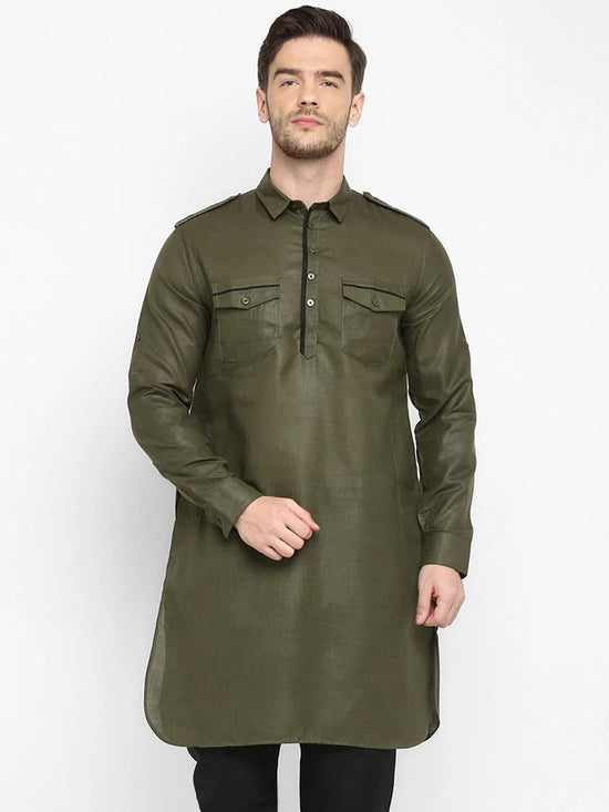 Hangup Men Standard Solid Men's Indian Wear-Olive_Piping_PathaniKurta