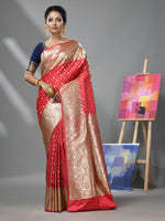 Watermelon Pink Katan Silk Banarasi Saree With Ethnic Motifs And Zari Woven Designs-MA52KA441380079