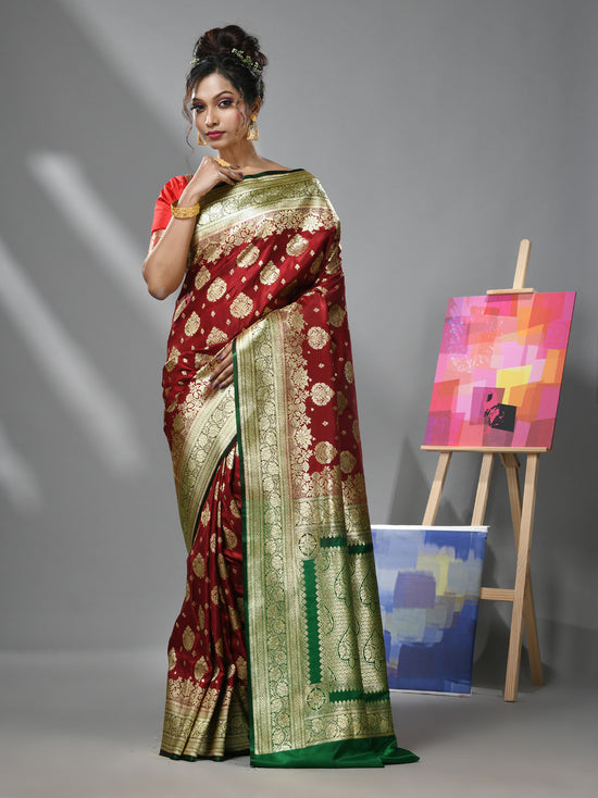 Scarlet Red Silk Banarasi Saree With Damask Motifs And Woven Degins-MA52BSL441050092