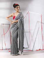 Grey Cotton Saree With Check Designs-MA55CT06520145