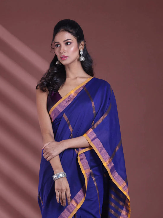 Blue Pure Cotton Zari Stripe Soft Saree With Zari Border-MA59CT06520062