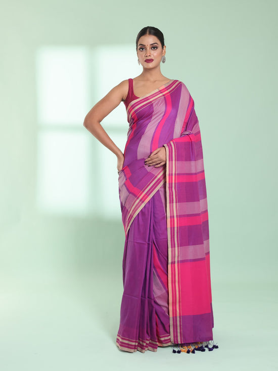 Dark Pink Cotton Saree With Stripes Design-MA59CT06530020