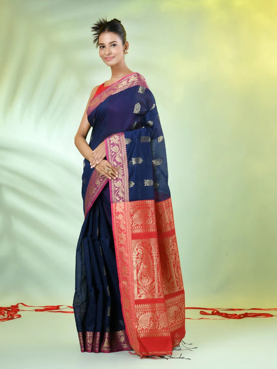 Navy Blue Cotton Saree With Nakshi Zari Borders-MA66BCT431050024