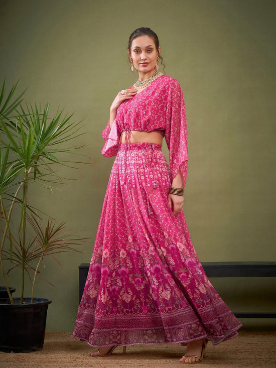 Women Pink Floral Anarkali Skirt With Crop Top