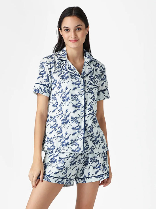 Shirt and Shorts Set in Blue and Off White Print