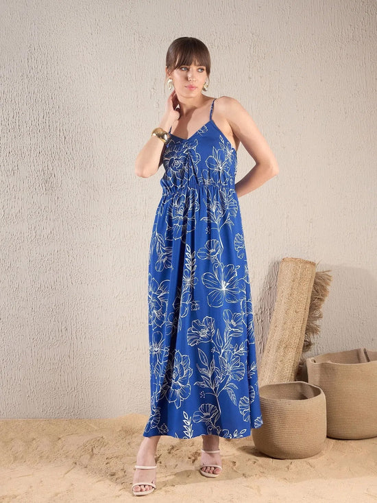 Women Royal Blue Floral Strappy Maxi Dress