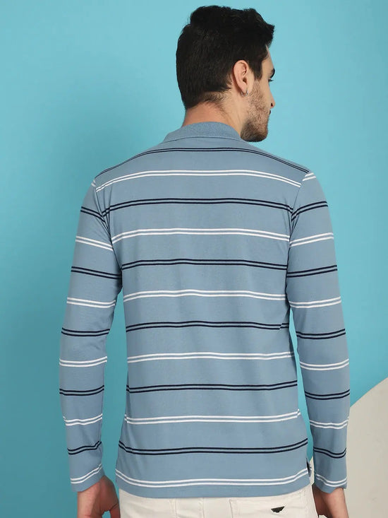 Venitian Men Striped Polo Neck Full Sleeves Blue T-Shirt With Pocket