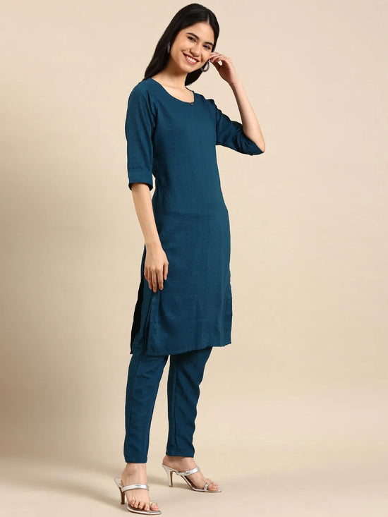 Women's Blue Solid Kurta Set-SKC-3327-Teal