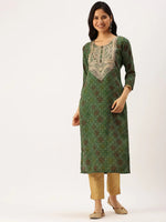 Women's Green Printed Straight Kurtas-AT-A418-K-Green