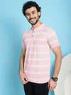 Venitian Men Henley Neck Striped Cotton Pink T-Shirt