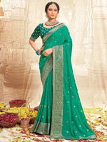 Saree Mall Women's Vichitra  Sea Green Embellished Designer Saree With Blouse Piece-NISHA1003