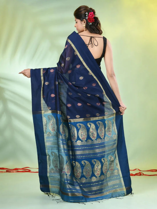 Navy Blue Cotton Saree With Ethnic Motifs-MA66BCT431080055