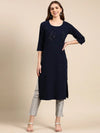 Women's Navy Blue Embroidered Straight Kurta-DF-7063-Navyblue