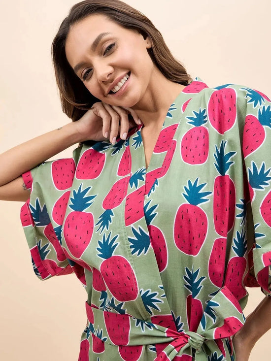 Kurta Pyjama with Kaftan Overlay Set in Green and Pink Pineapple Print