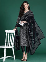 Indo Era Black Printed Straight Kurta Trousers With Dupatta set