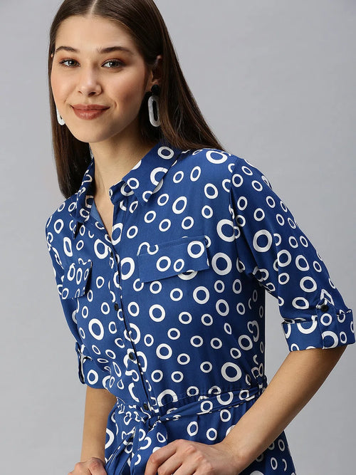 Women's Blue Printed Shirt Dress-AE-444943-Blue