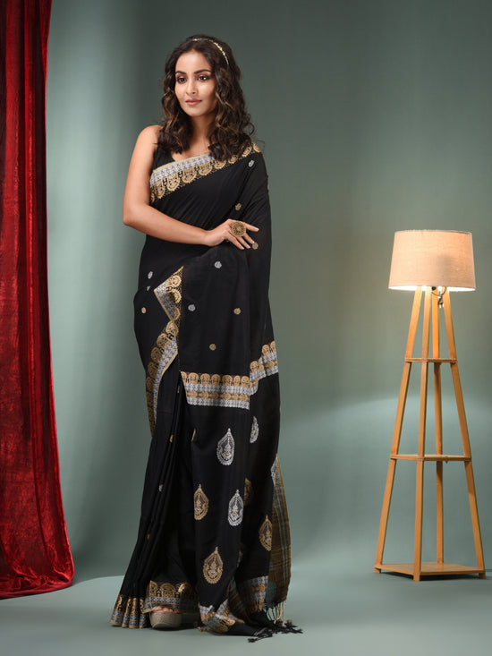 Black Cotton Handwoven Saree With Woven Designs-MA50CT061410087