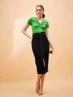 Women Green Rib Twisted Neck Top